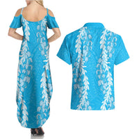 Puakenikeni and Maile Lei Couples Matching Summer Maxi Dress and Hawaiian Shirt Blue Double Strand Lei LT9 - Polynesian Pride