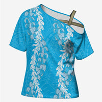 Puakenikeni and Maile Lei Cross Shoulder Shirt Blue Double Strand Lei - Polynesian Pride