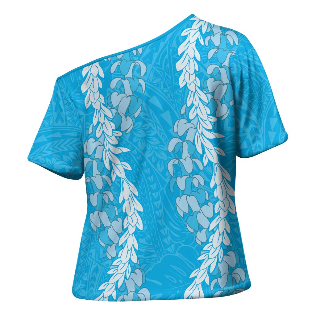 Puakenikeni and Maile Lei Cross Shoulder Shirt Blue Double Strand Lei - Polynesian Pride