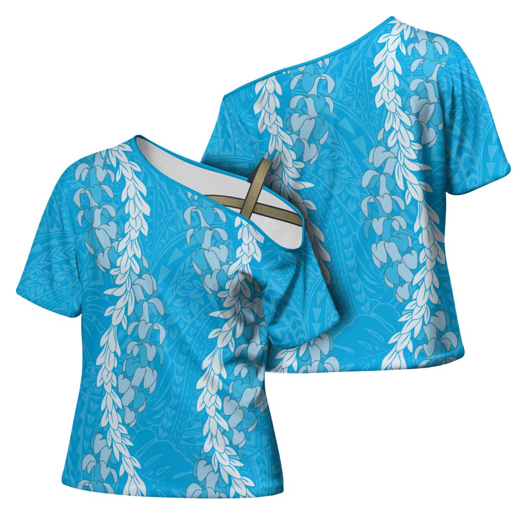 Puakenikeni and Maile Lei Cross Shoulder Shirt Blue Double Strand Lei - Polynesian Pride