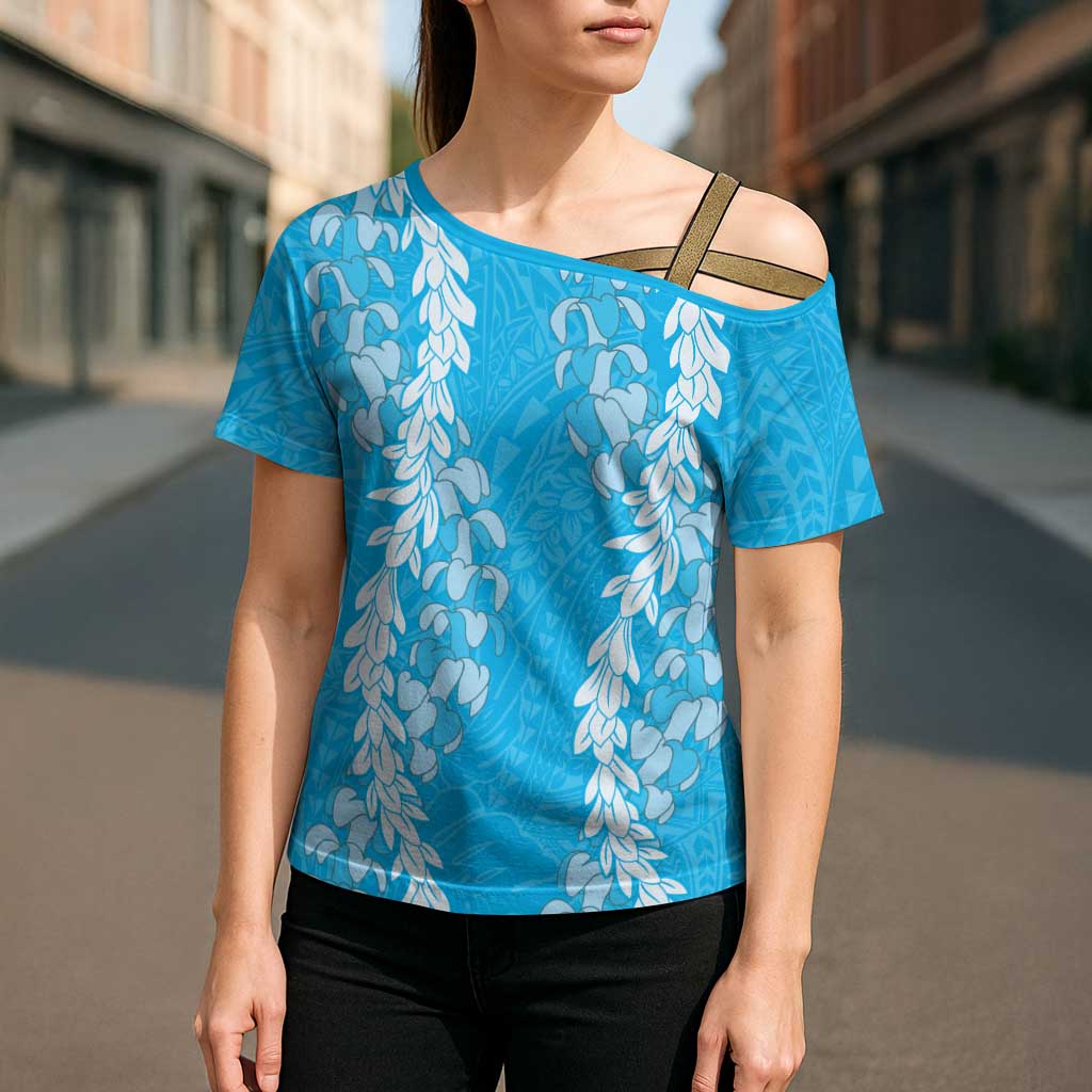Puakenikeni and Maile Lei Cross Shoulder Shirt Blue Double Strand Lei - Polynesian Pride