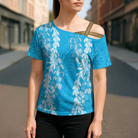 Puakenikeni and Maile Lei Cross Shoulder Shirt Blue Double Strand Lei - Polynesian Pride
