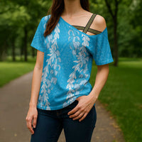 Puakenikeni and Maile Lei Cross Shoulder Shirt Blue Double Strand Lei - Polynesian Pride