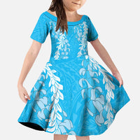 Puakenikeni and Maile Lei Family Matching Long Sleeve Bodycon Dress and Hawaiian Shirt Blue Double Strand Lei