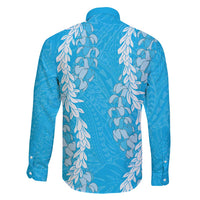 Puakenikeni and Maile Lei Family Matching Long Sleeve Bodycon Dress and Hawaiian Shirt Blue Double Strand Lei