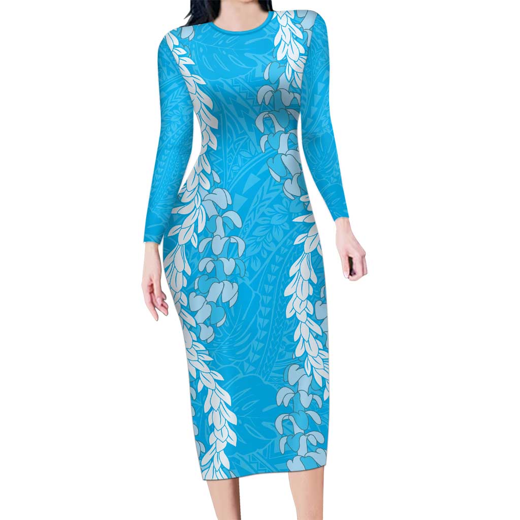 Puakenikeni and Maile Lei Family Matching Long Sleeve Bodycon Dress and Hawaiian Shirt Blue Double Strand Lei