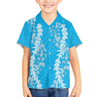 Puakenikeni and Maile Lei Family Matching Long Sleeve Bodycon Dress and Hawaiian Shirt Blue Double Strand Lei