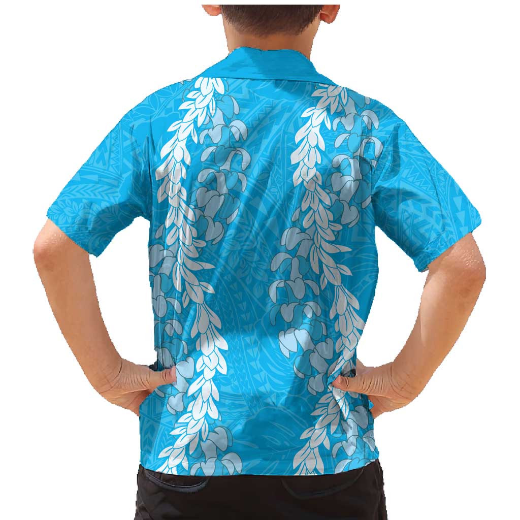 Puakenikeni and Maile Lei Family Matching Mermaid Dress and Hawaiian Shirt Blue Double Strand Lei
