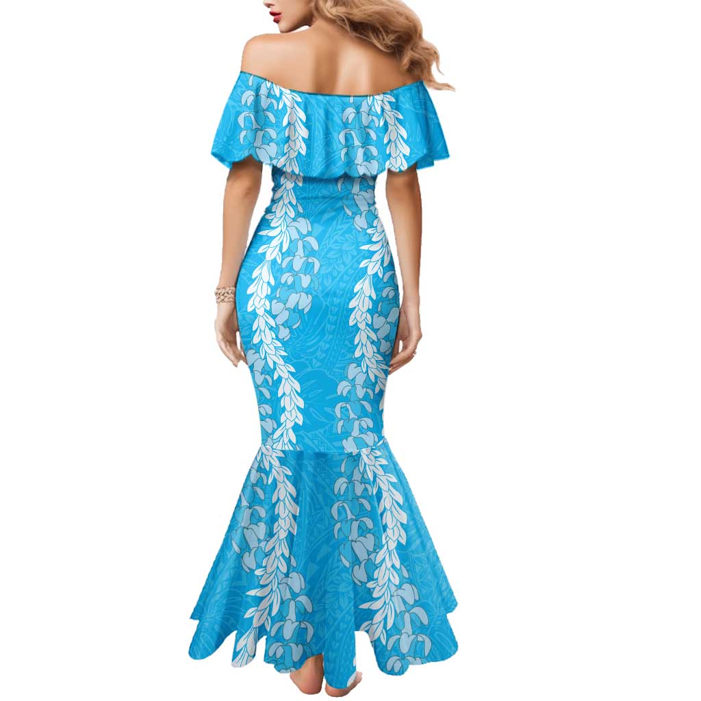 Puakenikeni and Maile Lei Family Matching Mermaid Dress and Hawaiian Shirt Blue Double Strand Lei