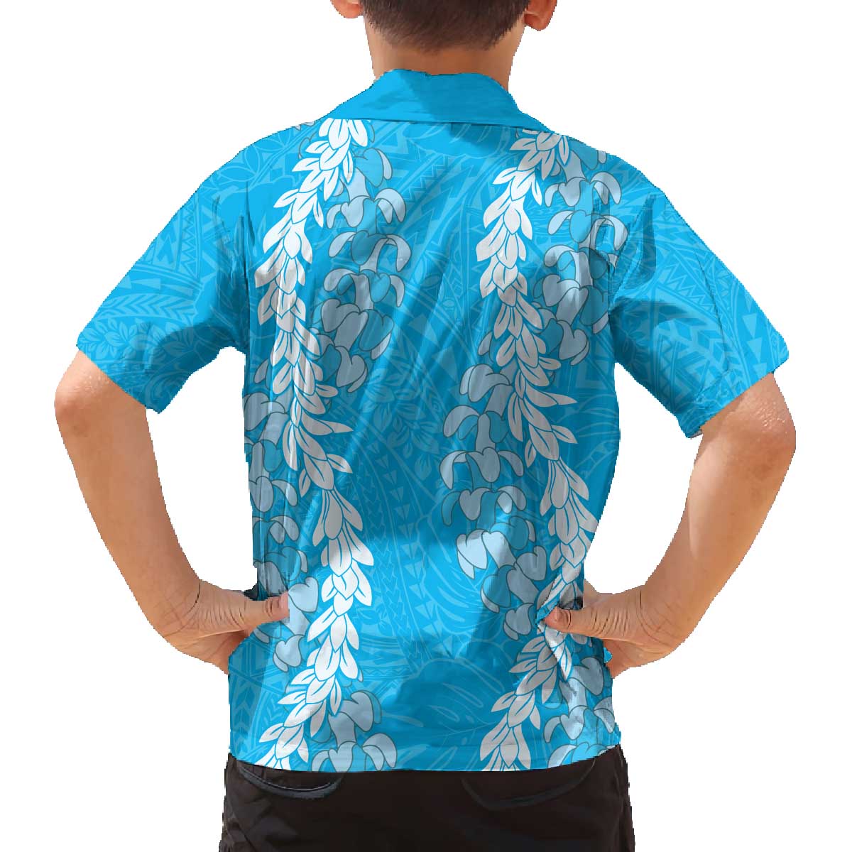 Puakenikeni and Maile Lei Family Matching Off The Shoulder Long Sleeve Dress and Hawaiian Shirt Blue Double Strand Lei