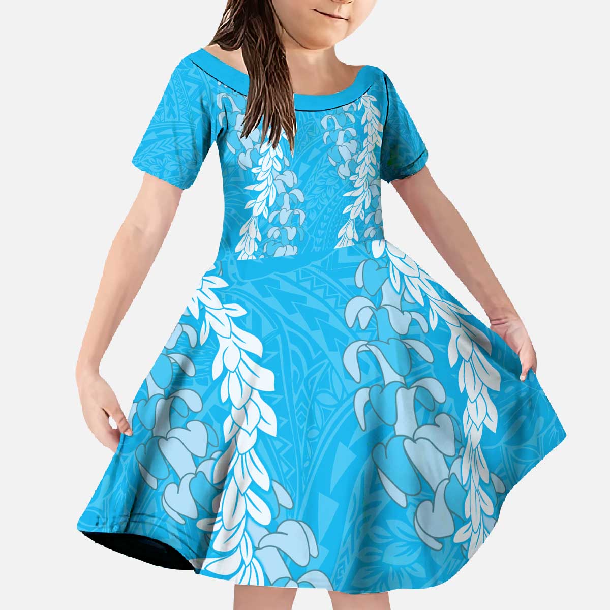 Puakenikeni and Maile Lei Family Matching Off The Shoulder Long Sleeve Dress and Hawaiian Shirt Blue Double Strand Lei
