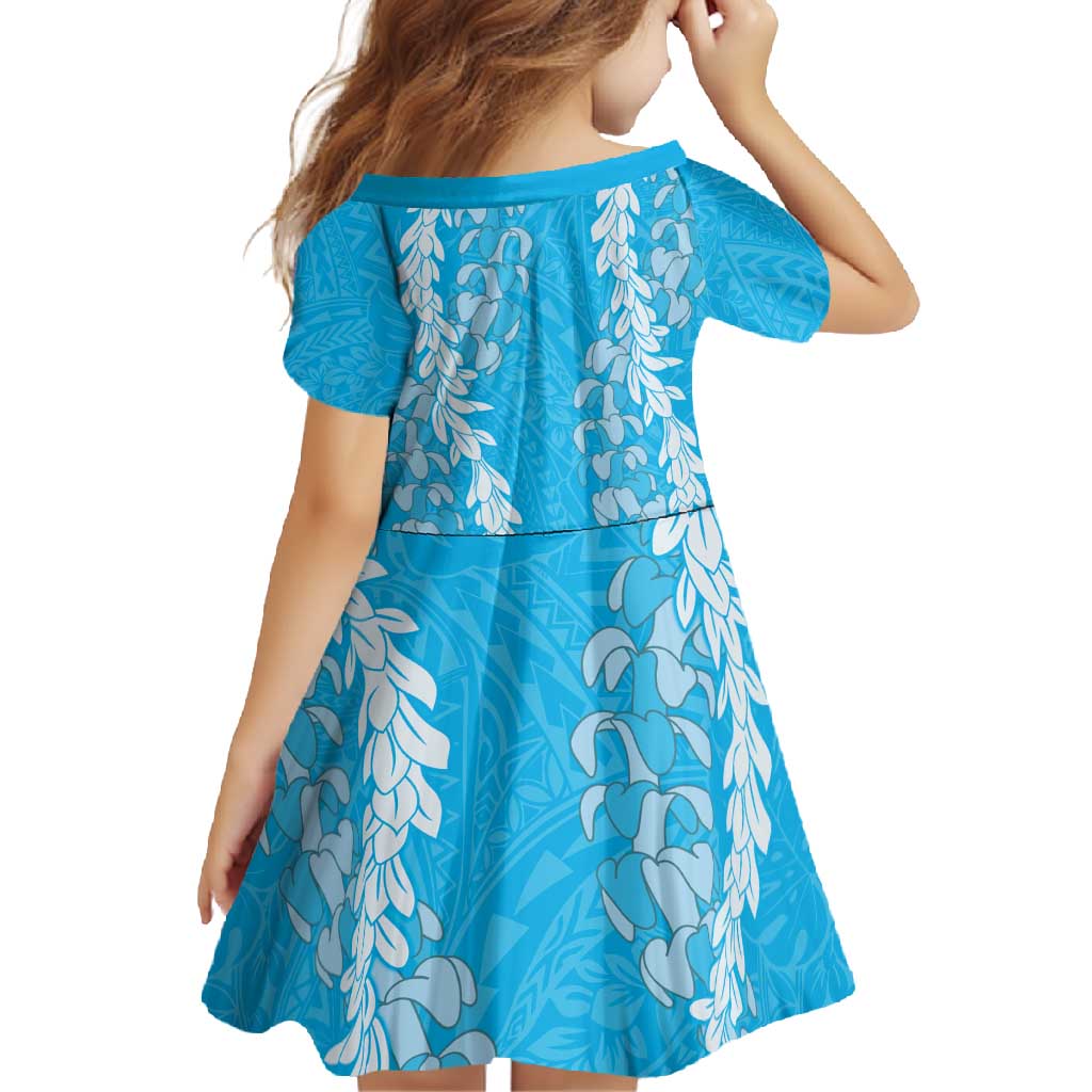 Puakenikeni and Maile Lei Family Matching Off Shoulder Maxi Dress and Hawaiian Shirt Blue Double Strand Lei