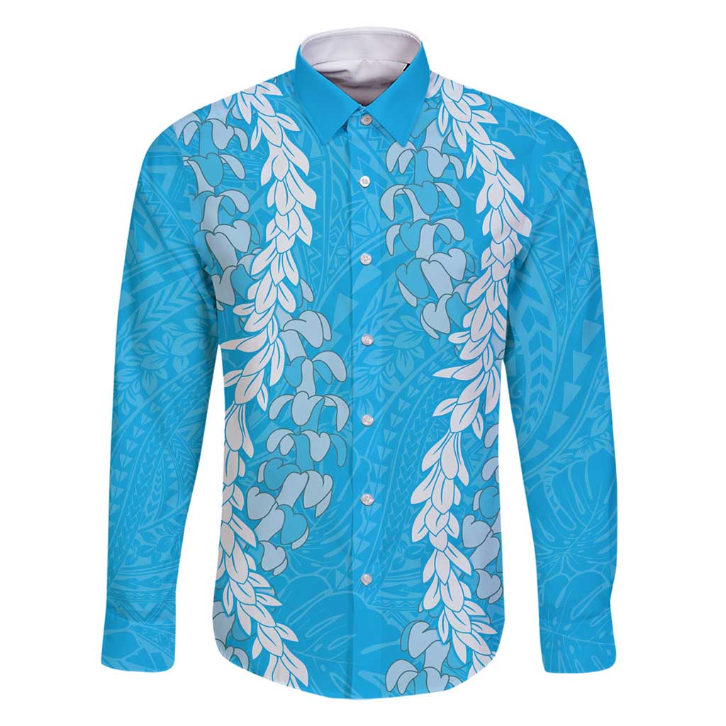 Puakenikeni and Maile Lei Family Matching Off Shoulder Maxi Dress and Hawaiian Shirt Blue Double Strand Lei