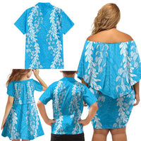 Puakenikeni and Maile Lei Family Matching Off Shoulder Short Dress and Hawaiian Shirt Blue Double Strand Lei