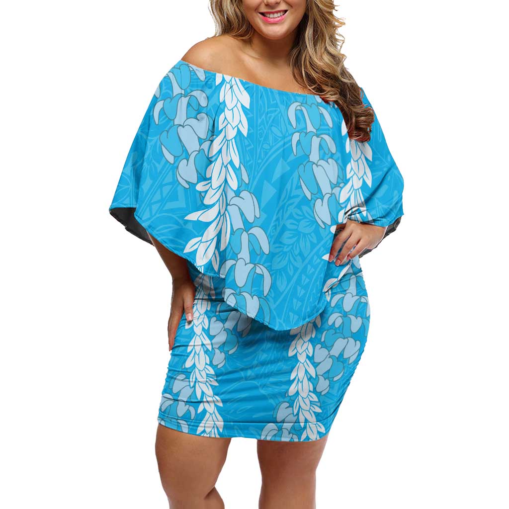 Puakenikeni and Maile Lei Family Matching Off Shoulder Short Dress and Hawaiian Shirt Blue Double Strand Lei