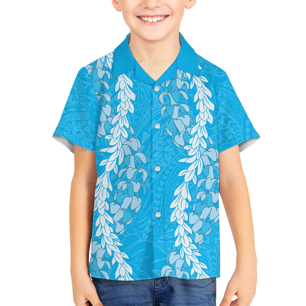 Puakenikeni and Maile Lei Family Matching Off Shoulder Short Dress and Hawaiian Shirt Blue Double Strand Lei