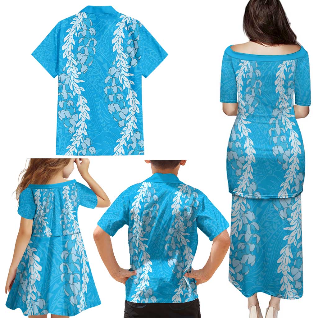 Puakenikeni and Maile Lei Family Matching Puletasi and Hawaiian Shirt Blue Double Strand Lei