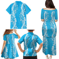 Puakenikeni and Maile Lei Family Matching Puletasi and Hawaiian Shirt Blue Double Strand Lei