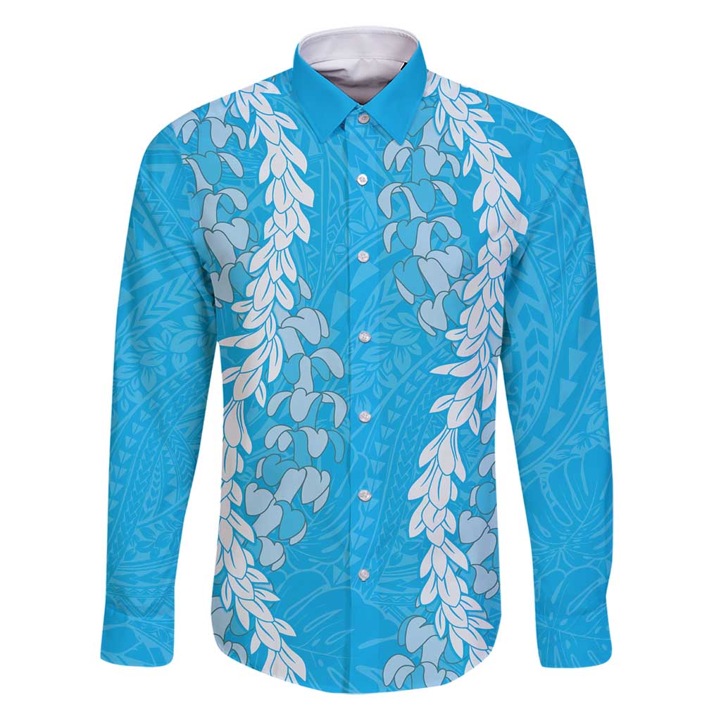 Puakenikeni and Maile Lei Family Matching Puletasi and Hawaiian Shirt Blue Double Strand Lei