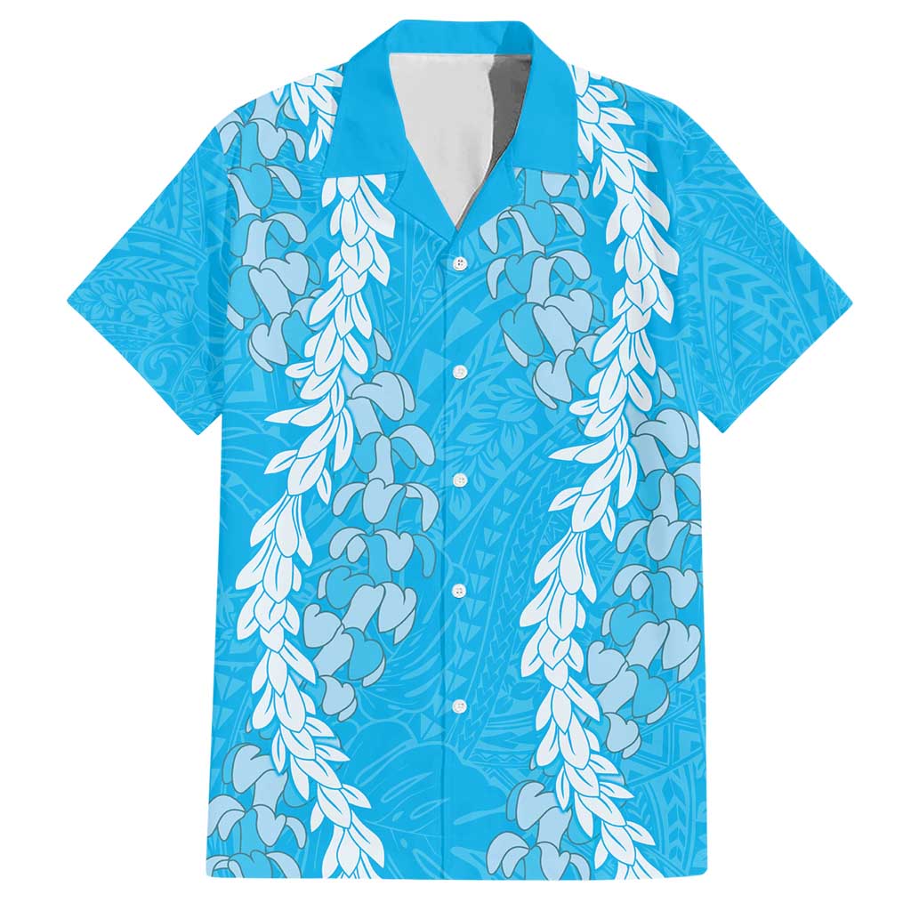 Puakenikeni and Maile Lei Family Matching Short Sleeve Bodycon Dress and Hawaiian Shirt Blue Double Strand Lei LT9 Dad's Shirt - Short Sleeve Blue - Polynesian Pride