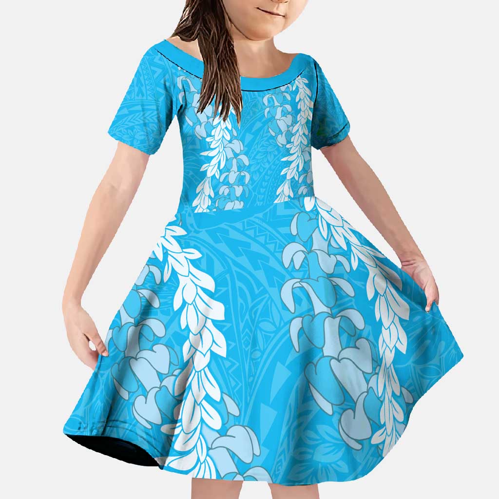 Puakenikeni and Maile Lei Family Matching Tank Maxi Dress and Hawaiian Shirt Blue Double Strand Lei