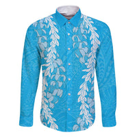 Puakenikeni and Maile Lei Family Matching Tank Maxi Dress and Hawaiian Shirt Blue Double Strand Lei
