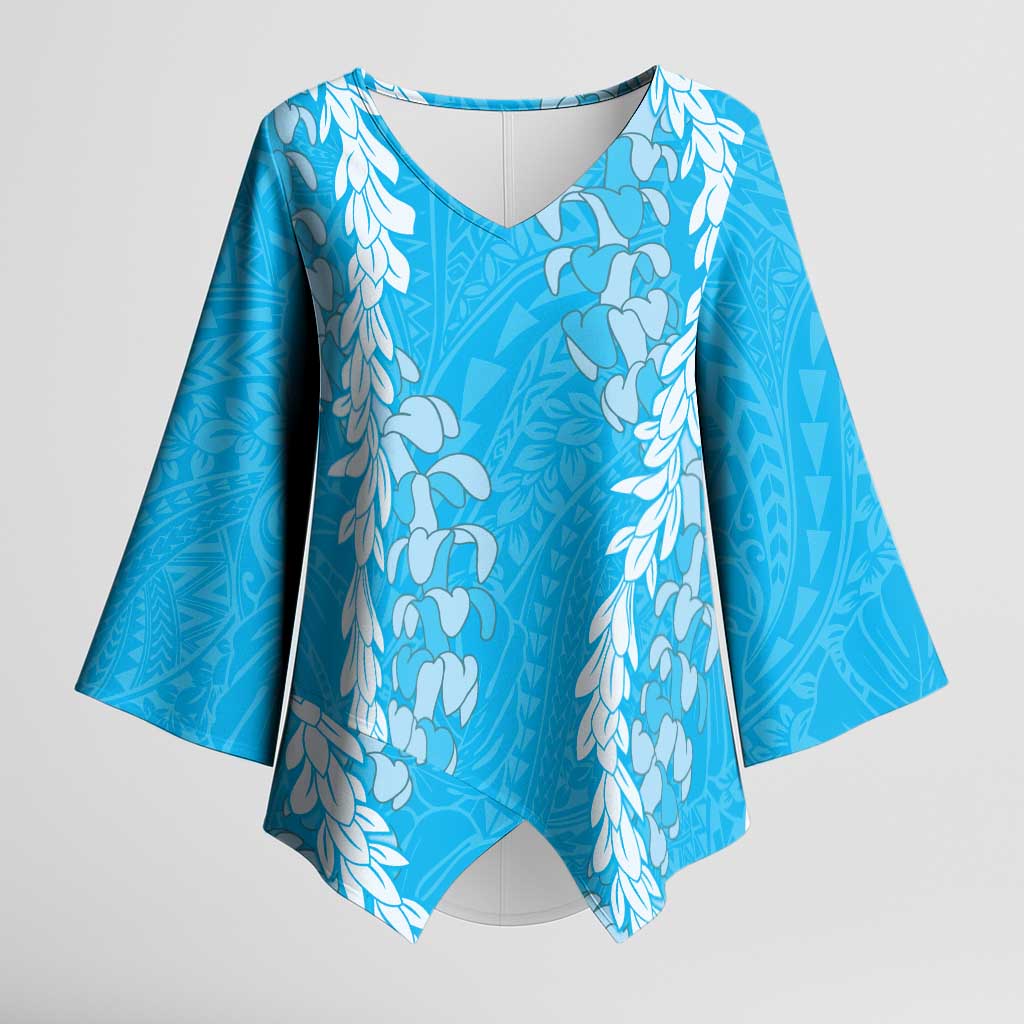 Puakenikeni and Maile Lei Kimono Sleeve Blouse Blue Double Strand Lei LT9 Female Blue - Polynesian Pride