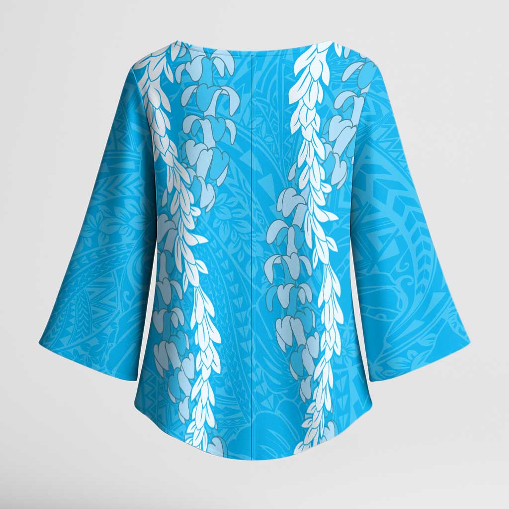 Puakenikeni and Maile Lei Kimono Sleeve Blouse Blue Double Strand Lei LT9 - Polynesian Pride
