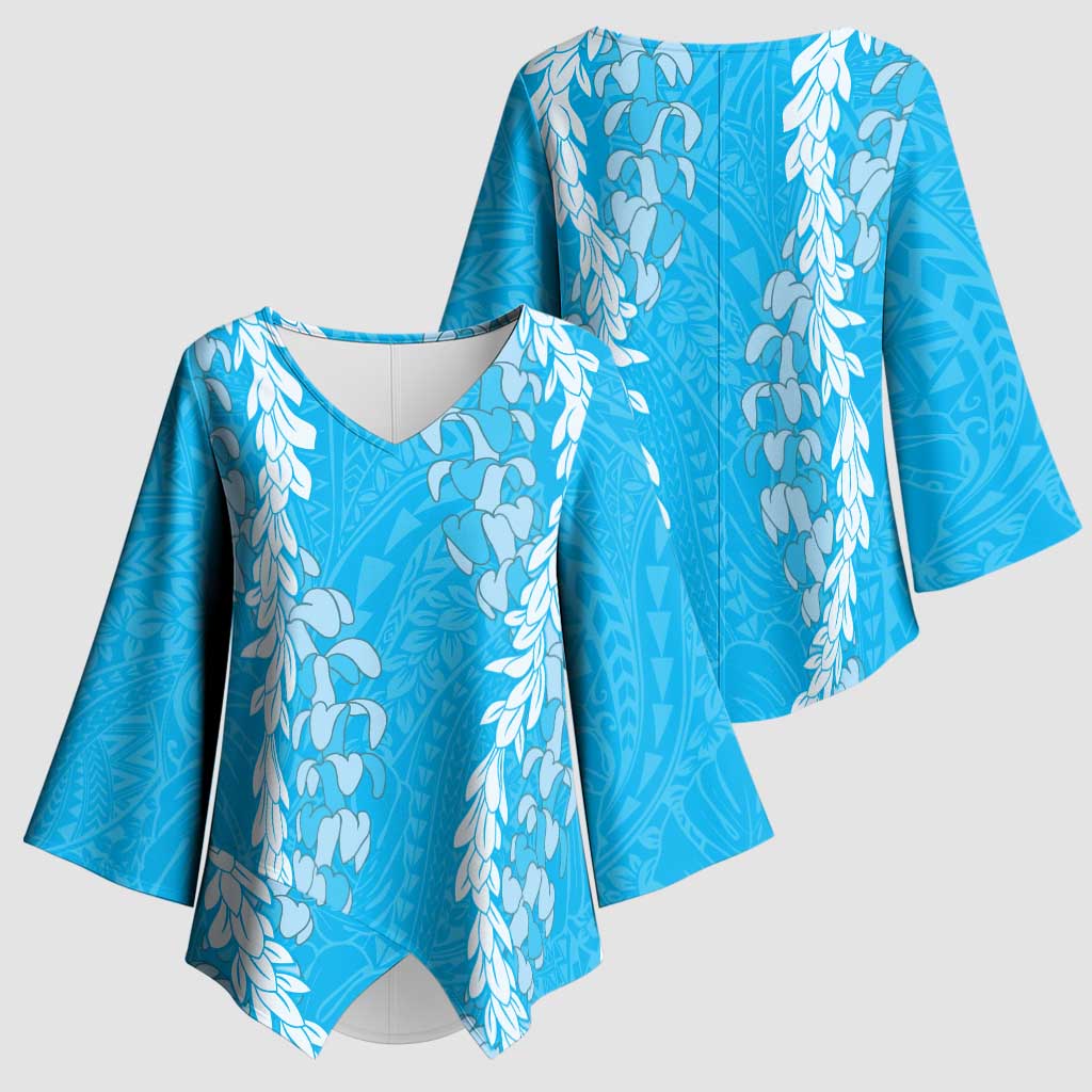 Puakenikeni and Maile Lei Kimono Sleeve Blouse Blue Double Strand Lei LT9 - Polynesian Pride