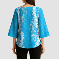 Puakenikeni and Maile Lei Kimono Sleeve Blouse Blue Double Strand Lei LT9 - Polynesian Pride