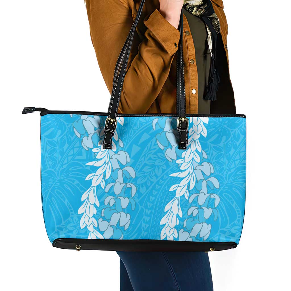 Puakenikeni and Maile Lei Leather Tote Bag Blue Double Strand Lei