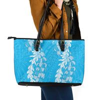 Puakenikeni and Maile Lei Leather Tote Bag Blue Double Strand Lei