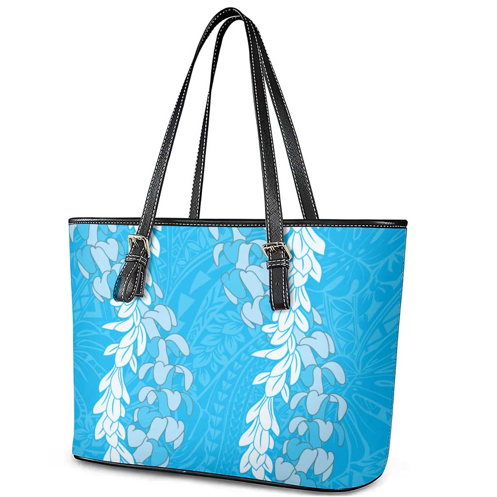 Puakenikeni and Maile Lei Leather Tote Bag Blue Double Strand Lei