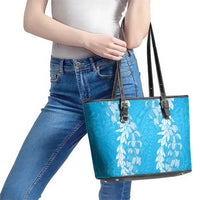 Puakenikeni and Maile Lei Leather Tote Bag Blue Double Strand Lei