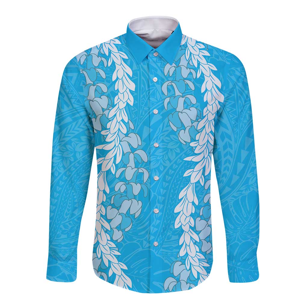 Puakenikeni and Maile Lei Long Sleeve Button Shirt Blue Double Strand Lei LT9 Unisex Blue - Polynesian Pride