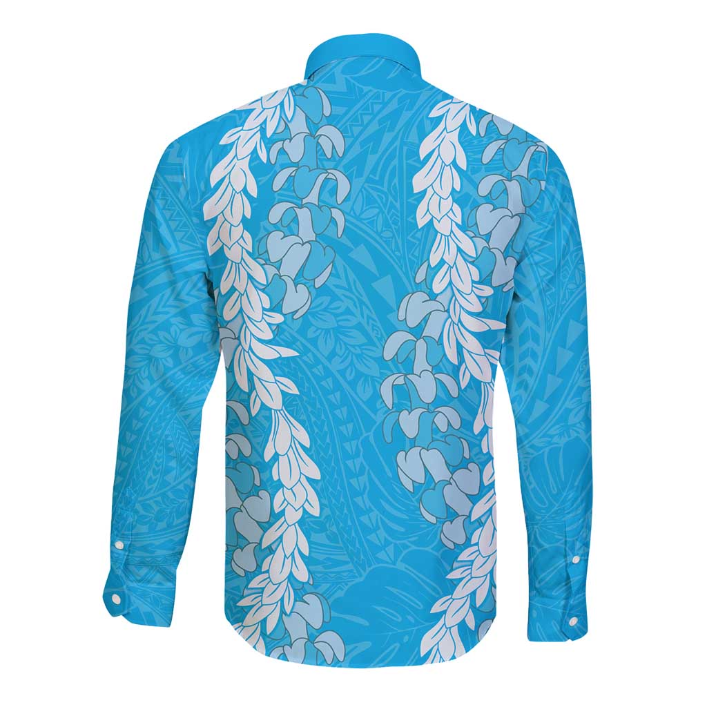 Puakenikeni and Maile Lei Long Sleeve Button Shirt Blue Double Strand Lei LT9 - Polynesian Pride