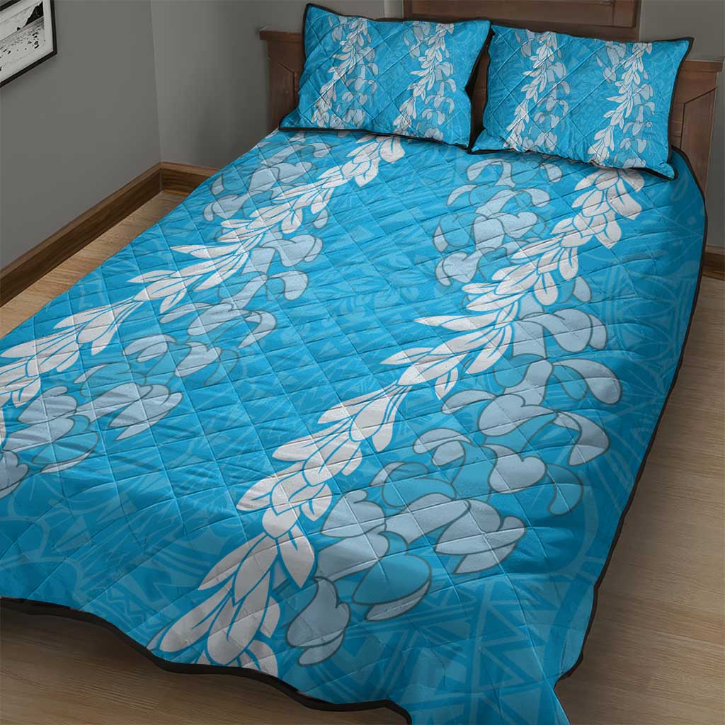 Puakenikeni and Maile Lei Quilt Bed Set Blue Double Strand Lei LT9 - Polynesian Pride