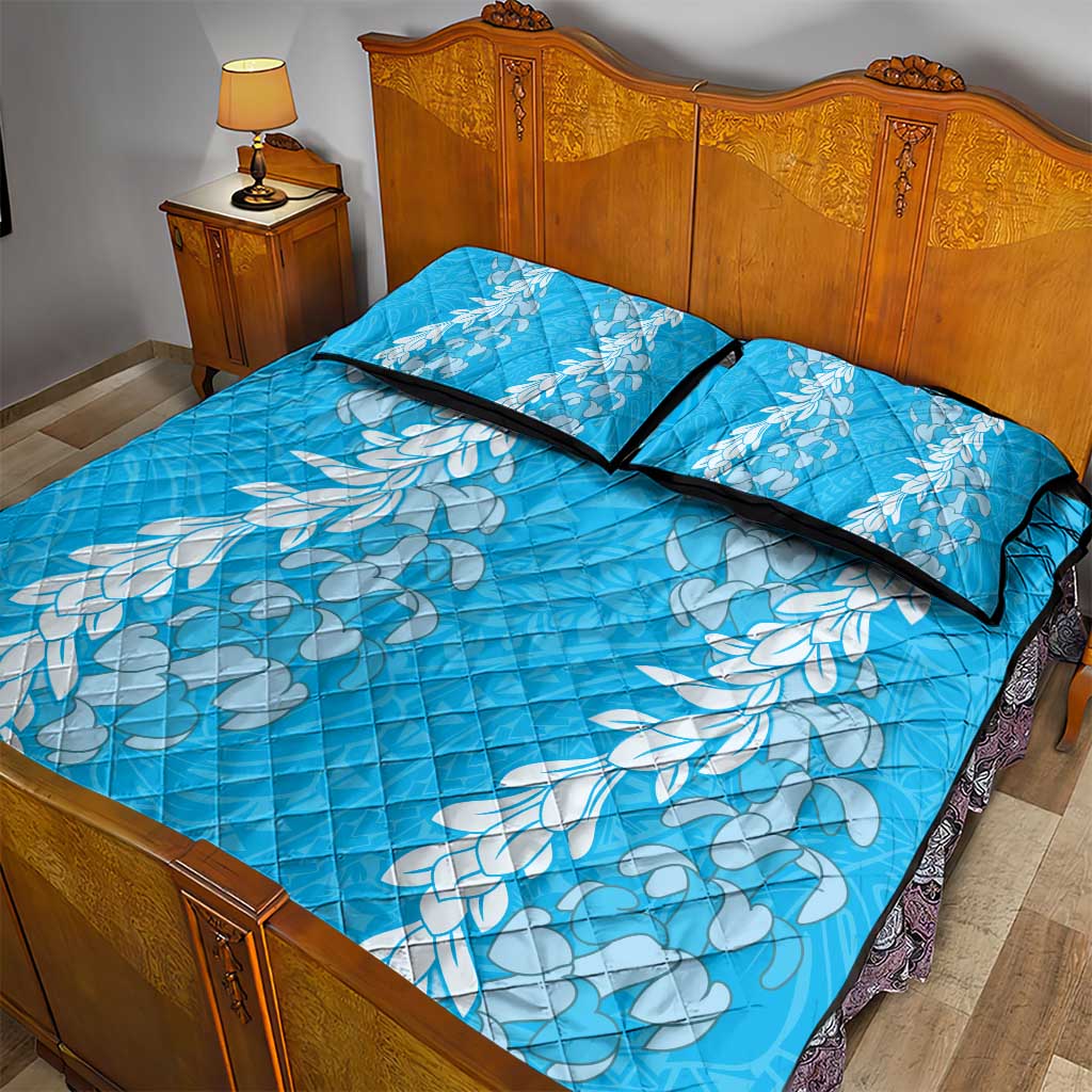 Puakenikeni and Maile Lei Quilt Bed Set Blue Double Strand Lei LT9 - Polynesian Pride