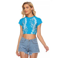 Puakenikeni and Maile Lei Raglan Cropped T Shirt Blue Double Strand Lei