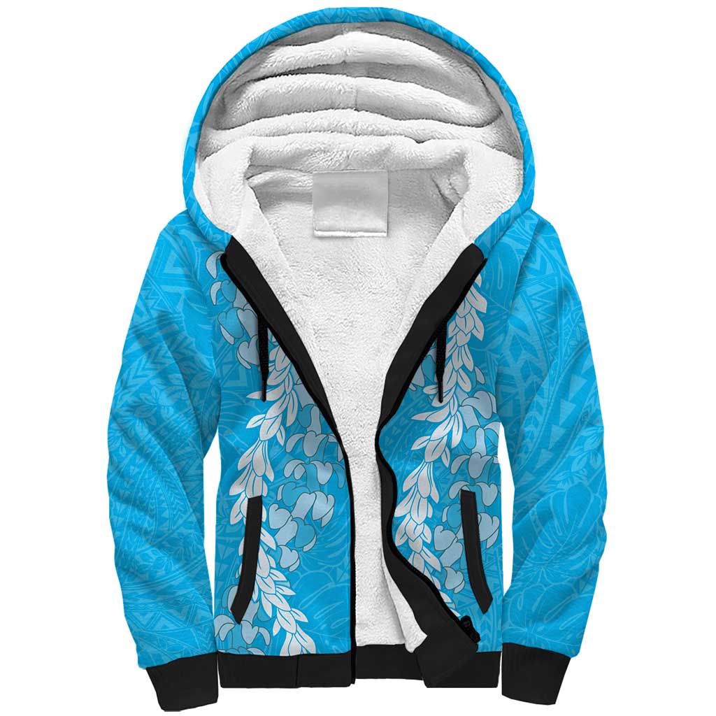 Puakenikeni and Maile Lei Sherpa Hoodie Blue Double Strand Lei LT9 Unisex Blue - Polynesian Pride