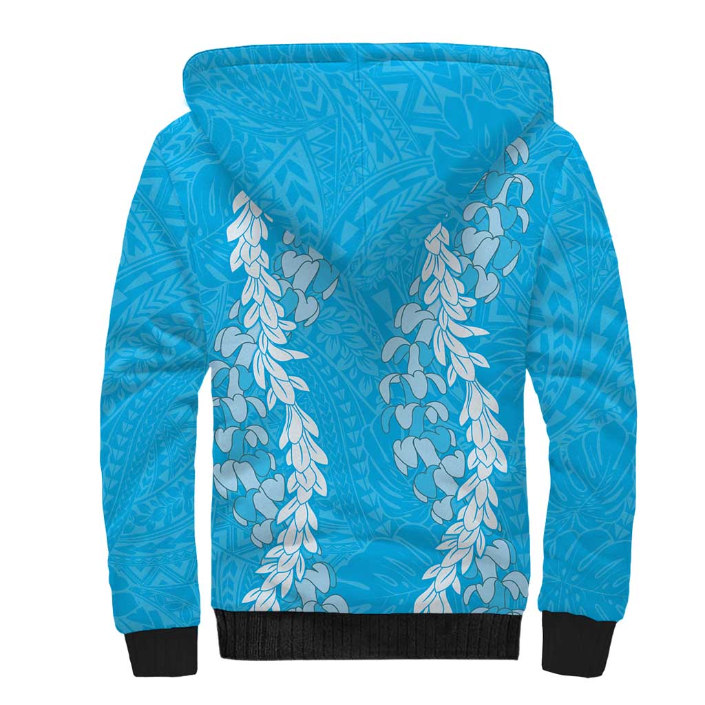 Puakenikeni and Maile Lei Sherpa Hoodie Blue Double Strand Lei LT9 - Polynesian Pride