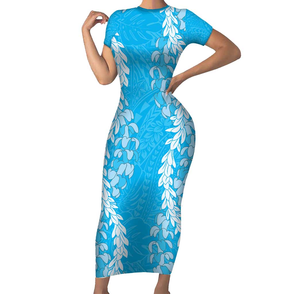 Puakenikeni and Maile Lei Short Sleeve Bodycon Dress Blue Double Strand Lei