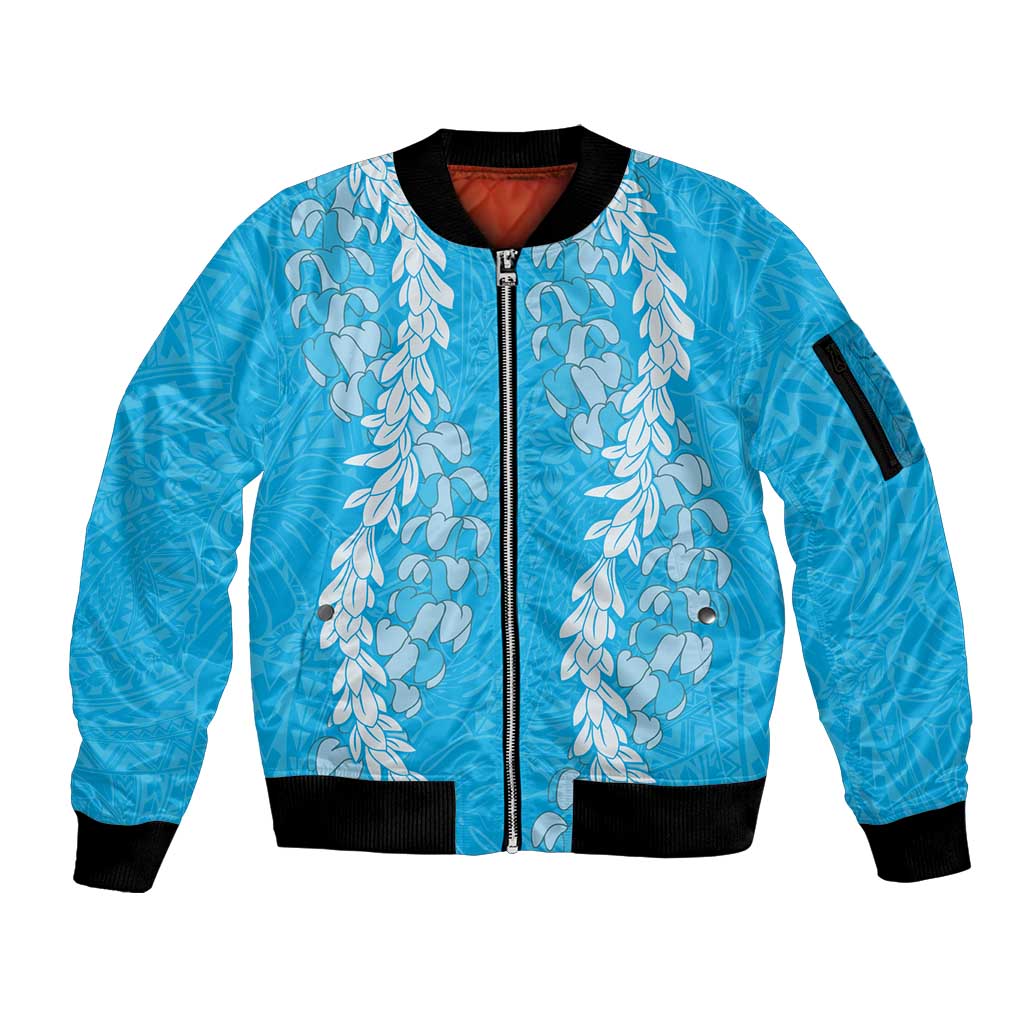 Puakenikeni and Maile Lei Sleeve Zip Bomber Jacket Blue Double Strand Lei