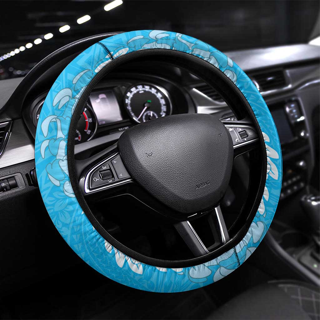 Puakenikeni and Maile Lei Steering Wheel Cover Blue Double Strand Lei LT9 Universal Fit Blue - Polynesian Pride