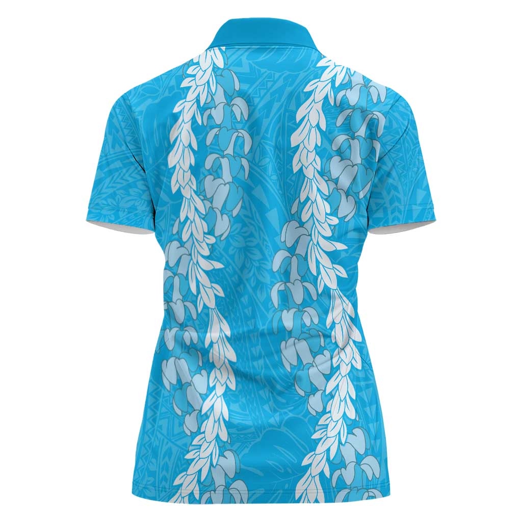 Puakenikeni and Maile Lei Women Polo Shirt Blue Double Strand Lei LT9 - Polynesian Pride