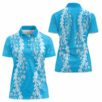 Puakenikeni and Maile Lei Women Polo Shirt Blue Double Strand Lei LT9 - Polynesian Pride