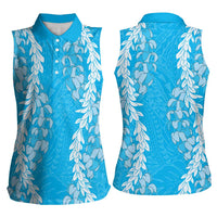 Puakenikeni and Maile Lei Women Sleeveless Polo Shirt Blue Double Strand Lei LT9 - Polynesian Pride