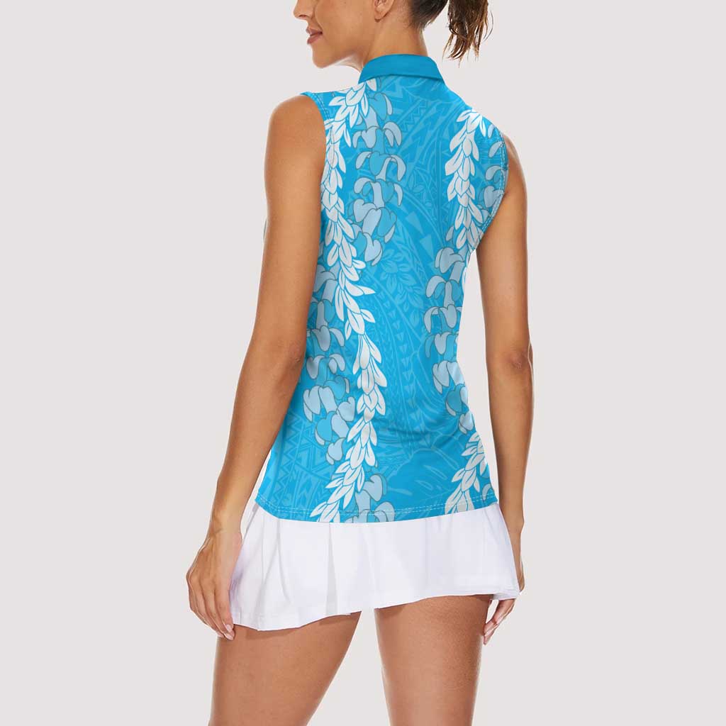 Puakenikeni and Maile Lei Women Sleeveless Polo Shirt Blue Double Strand Lei LT9 - Polynesian Pride