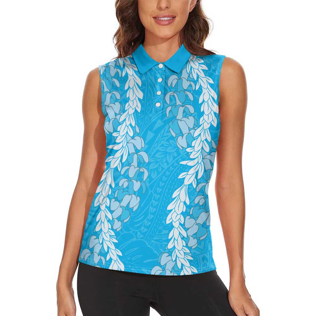 Puakenikeni and Maile Lei Women Sleeveless Polo Shirt Blue Double Strand Lei LT9 - Polynesian Pride