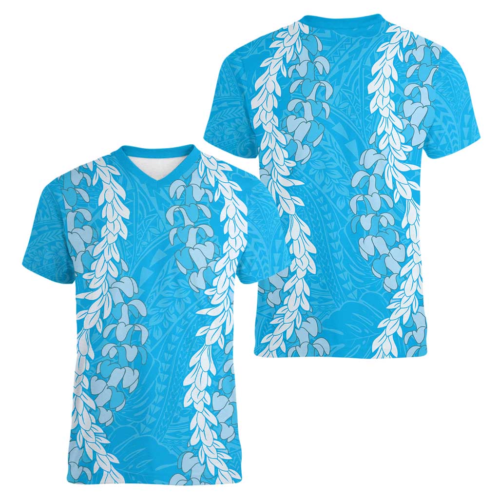 Puakenikeni and Maile Lei Women V-Neck T-Shirt Blue Double Strand Lei